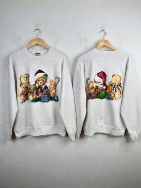 VTG 90s Christmas Crewneck Sweatshirt L Teddy Bear Front Back Graphic White Xmas